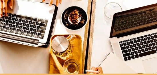 Two laptops open on a table, with tea and pastries between