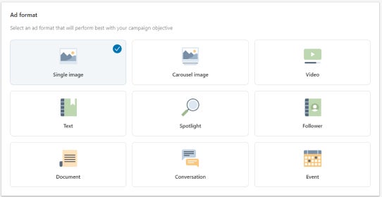 Screenshot of Campaign Manager,  "ad format" section