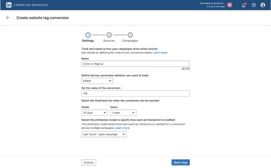 tab representing campaign manager create website tag conversion