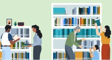 Illustration of several individuals standing next to bookcases.