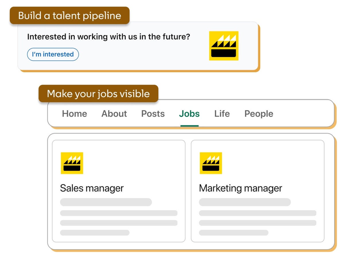 Illustration of a LinkedIn profile highlighting two features: talent pipeline and job visibility with two sample job posts on the side.