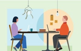 Illustration of two recruiters sitting at a table on laptops.