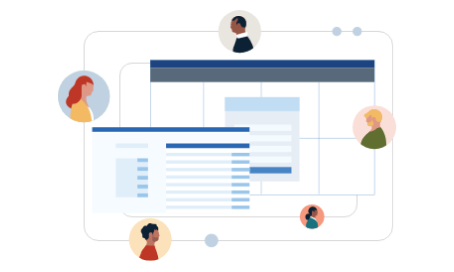 Illustration of dashboards and several profile images of individuals.