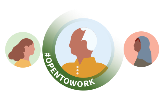 Illustration of three candidate profile photos, one of which is using the #OpenToWork hashtag