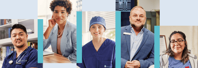 Five individual images of healthcare professionals.
