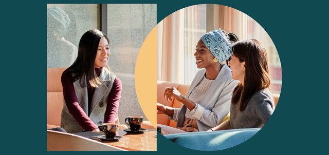 Women in casual conversation over coffee