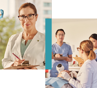 Image of a healthcare professional writing, and an image of healthcare workers helping a patient.