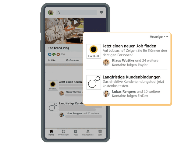 A smartphone screen displays a social media app interface featuring business-related advertisements. 