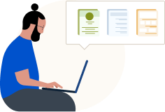 Illustration of an individual sitting down and working on their laptop.