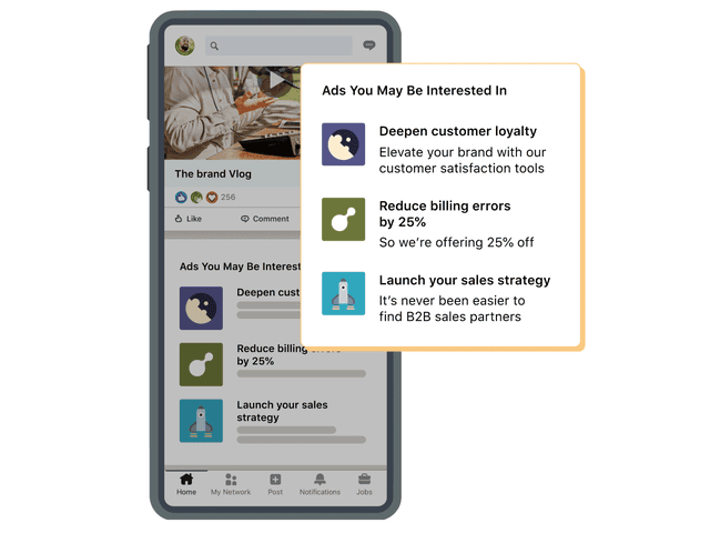 A smartphone screen displays a social media app interface featuring business-related advertisements. 