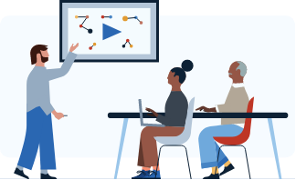 An illustration of an individual presenting in front of two other individuals.