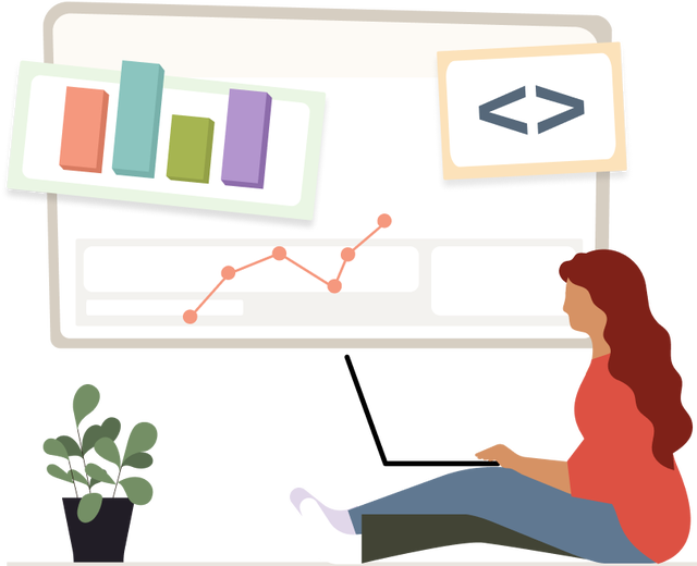 Illustration of an individual sitting on the floor and working on their laptop.