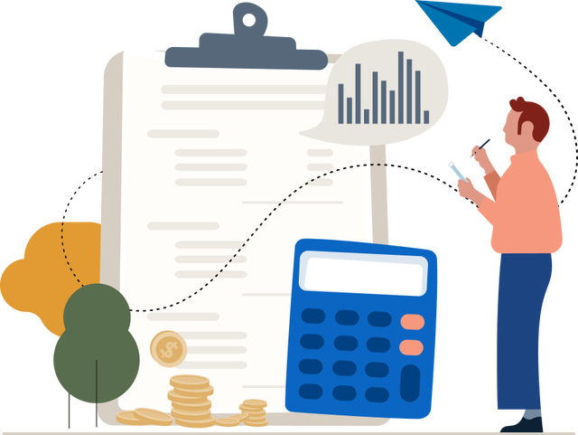Illustration of an individual standing next to a clipboard and calculator.