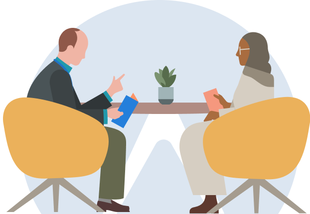 Illustration of two individuals sitting together at a table and having a conversation.