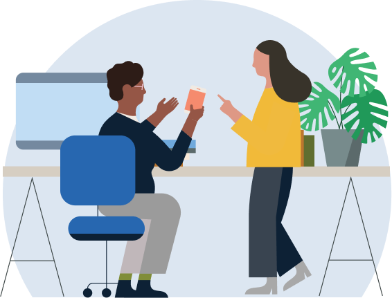 Illustration of two individuals sitting together at a table and having a conversation.