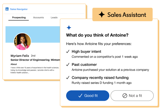 Image of LinkedIn Sales Navigator’s Sales Assistant feature showing buyer intent alerts, past customer data, and funding updates to help sellers uncover new opportunities.