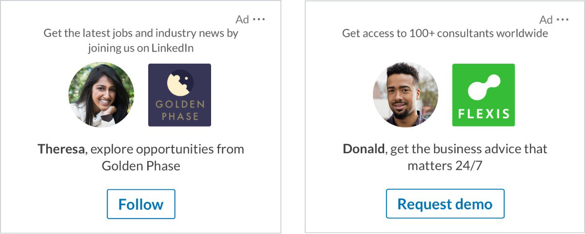 Screenshot of 2 ad, each one showing a different CTA: Follow, Request demo, Preview or download content