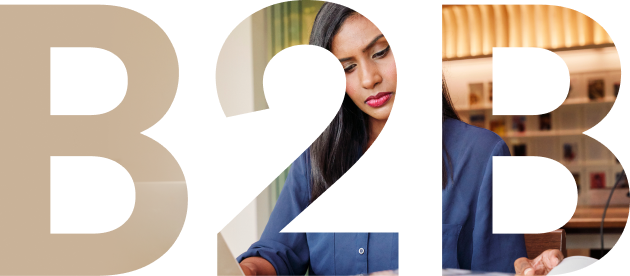 Photo of a person working on a laptop, overlayed with "B 2 B"